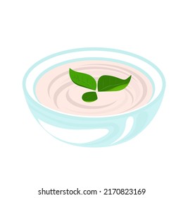 Ilustración vectorial de la sopa de champiñones en tazón de cerámica y hojas verdes. Aislado en ilustración vectorial de fondo blanco.