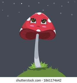 vector illustration of a mushroom staring at falling snowflakes	