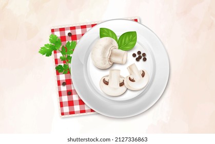 Vector illustration of mushroom vegetable and vegetable slices with basil leaves and black pepper seeds