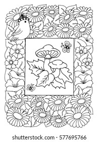 Vector illustration mushrooms with a birdie in the frame surrounded flowers. Work made by hand. Book Coloring anti-stress for adults and children. Black and white.