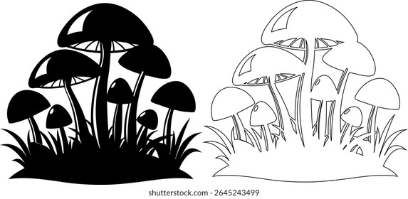 Vector Illustration Mushrooms in Dense Formation 