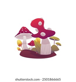 Vector illustration of mushrooms of fancy shapes on a white background. Fantastic fly agarics with yellow and green toadstools in a flat cartoon style suitable for fairy tales or computer games.