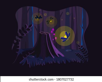 Vector illustration. Mushrooms grow on an old tree stump and fireflies fly nearby. At night in the forest.