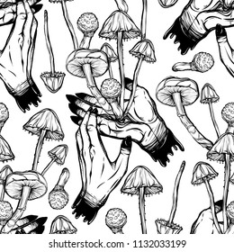 Vector illustration. Mushrooms growing from the hand, mysticism, prints on T-shirts. Handmade,seamless pattern,light background