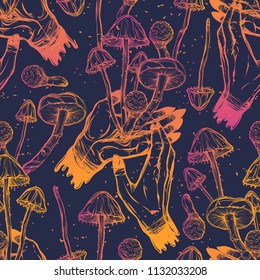 Vector illustration. Mushrooms growing from the hand, mysticism, prints on T-shirts. Handmade,seamless pattern,purple background, yellow pink color