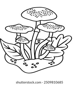 Vektorgrafik von Pilzen, die auf transparentem Hintergrund hervorgehoben sind, damit Kinder ein Arbeitsblatt, eine Arbeitsmappe und ein Webdesign einfärben können.Stockgrafik eines weißen Pilzes in einer Waldlichtung.