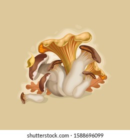 Vector illustration of mushrooms with leaves in warm autumn colour palette