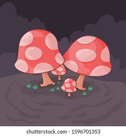 Vector Illustration of mushrooms at night with flat design style.
