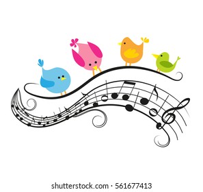 Vector illustration of a music background with birds, musical notes