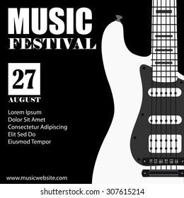 Vector illustration of music background with black electric guitar. Music poster. Music festival. Guitar poster. Concert poster