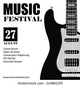 Vector illustration of music background with black electric guitar. Music poster. Music festival. Guitar poster. Concert poster