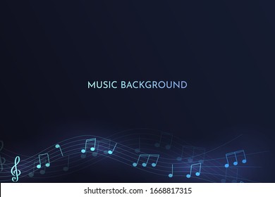 Vector illustration. Music background with light effects. Abstract dark wallpaper. Sheet music and treble clef. 