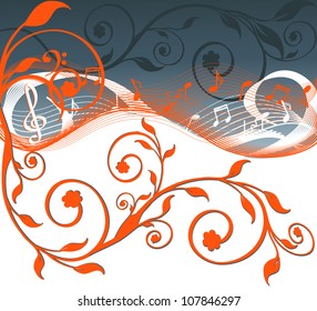 vector illustration of music background with notes and flowers.