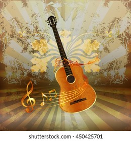 Vector illustration of music background realistic acoustic guitar woven by musical notes.