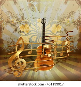 Vector illustration of music background realistic acoustic guitar woven by golden musical notes.