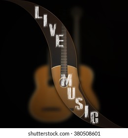 Vector illustration of a music background as waves break separates the guitar blurred background.