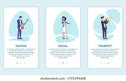 Vector illustration of music band. Set of musicians playing on guitar, trumpet and vocalist singing into microphone
