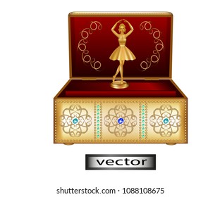 Vector illustration - Music box with red velvet upholstery classic gold with jewels And Golden figurine of a ballerina, a souvenir for interior decoration.
