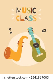 Ilustração vetorial para classe de música. Cartaz de crianças de música infantil. Cartaz de design de viveiro imprimível com guitarra e trompete.
