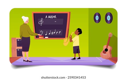 Vector illustration of music classroom interior, with teacher and student. Room with green walls, chalk board, vinyl records, musical instruments and characters. Music education. Flat style.