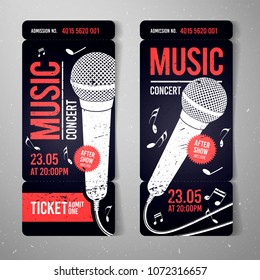 vector illustration music concert ticket design template with microphone and cool grunge effects in the background