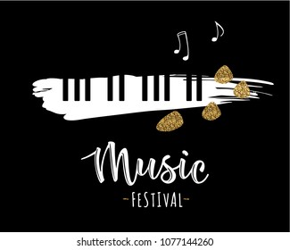 Vector illustration of a music design element in doodle style. Music festival. Grunge black and white piano keys