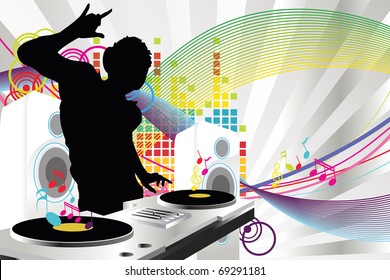 A vector illustration of a music DJ playing music