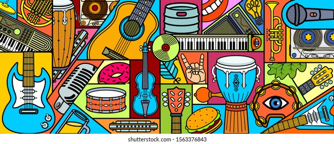 Vector illustration music festival banner. Music instruments. Colorful music background