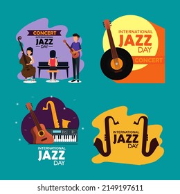 vector illustration of music group graphic, piano, bass, drums, guitar, saxophone, text. top view, perfect for backdrops, music studios, music companies, and commemorating international jazz day