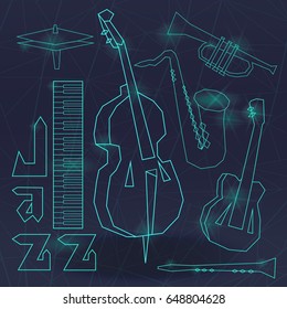 Vector illustration with with music instruments. Background which says jazz. It can be used for advertising, announcements concert, brochures, ticket, cover, poster, banner.
