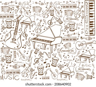 Vector illustration of music instruments in doodle style, brown on white