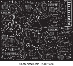 Vector illustration of music instruments in doodle style, white on black