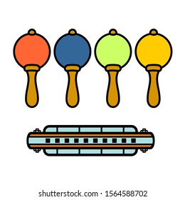 Vector illustration music instruments. Maracas and harmonica. Colorful music background.
