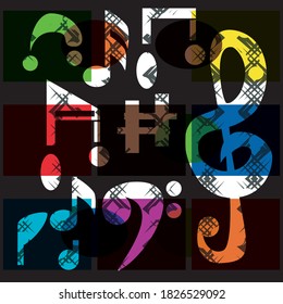 Vector illustration of music notes. Colorful and grungy design on a black background.