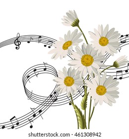 Vector illustration with music notes and daisy flowers isolated on white background.