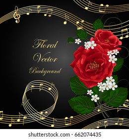 Vector illustration with music notes and flowers on black background.