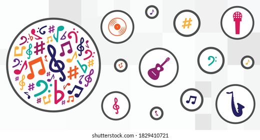 vector illustration of music notes and instruments for audio materials and party organization