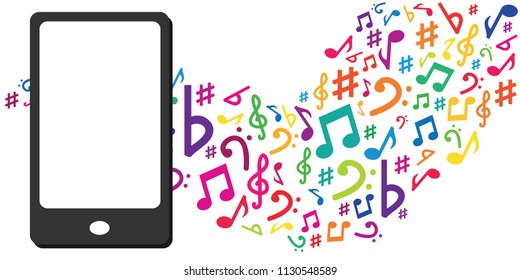 vector illustration for music notes and mobile phone with empty screen copy space