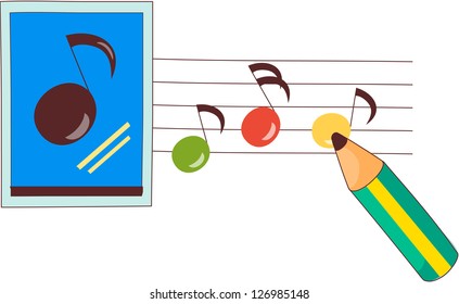 Ilustración vectorial de notas musicales y un lápiz