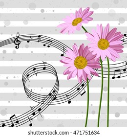 Vector illustration with music notes and pink daisies on striped background.