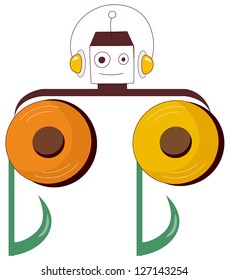 A vector illustration of music notes and a robot with headphones