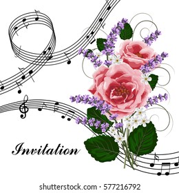 Vector illustration with music notes and rose flowers isolated on white background.