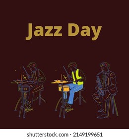 vector illustration of music player silhouette graphic drum, saxophone, text. top view, perfect for backdrops, music studios, music companies, and commemorating international jazz day