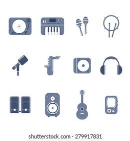 A vector illustration of music production icons.
Music and Multimedia icon set.
Audio recording and equipment illustration icon set