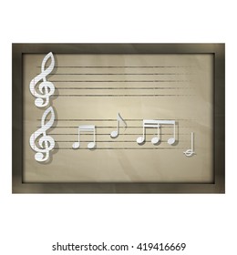 Vector illustration of a music sheet paper music notes. Old paper background with shadow and there is a place for text or image. Notes are arranged randomly and are not the product.