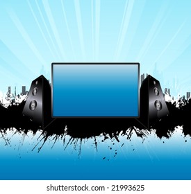 Vector illustration of a music speakers urban splatter background with glowing skyline and central monitor board for custom elements.