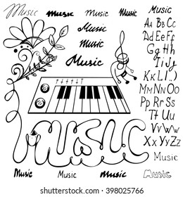 Vector illustration with music symbols, icons and elements. Complete collection with doodle handwritten alphabet