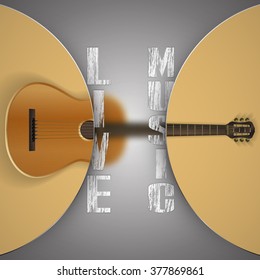 Vector illustration of a music template frame acoustic guitar with blurred background and the inscription live music.