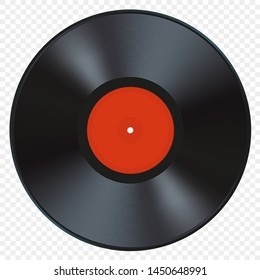 Vector illustration of  music  vinyl record disk with red label. Realistic detaled  image of vintage retro music disk isolated on white transparent background.
