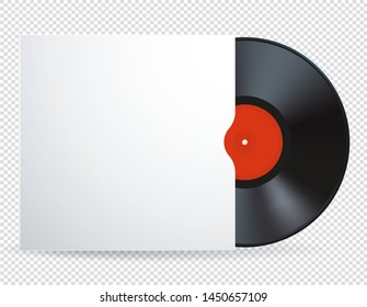 Vector illustration of  music  vinyl record disk with blank white cover and red label. Realistic detaled  image of vintage retro music disk isolated on white transparent background.